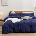 BESTOUCH Duvet Cover Set King Navy Blue - Washed Cotton Linen Feel