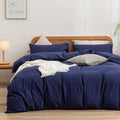 Cal King Navy Blue Washed Cotton Duvet Cover Set - Linen Feel