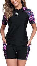 Women's Two Piece Rash Guard Swim Shirt with Boyshorts - Built-in Bra