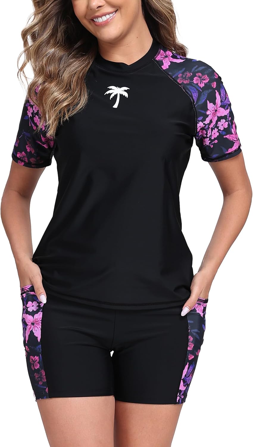 Halcurt Women's Two Piece Rash Guard Swim Set with Boyshorts
