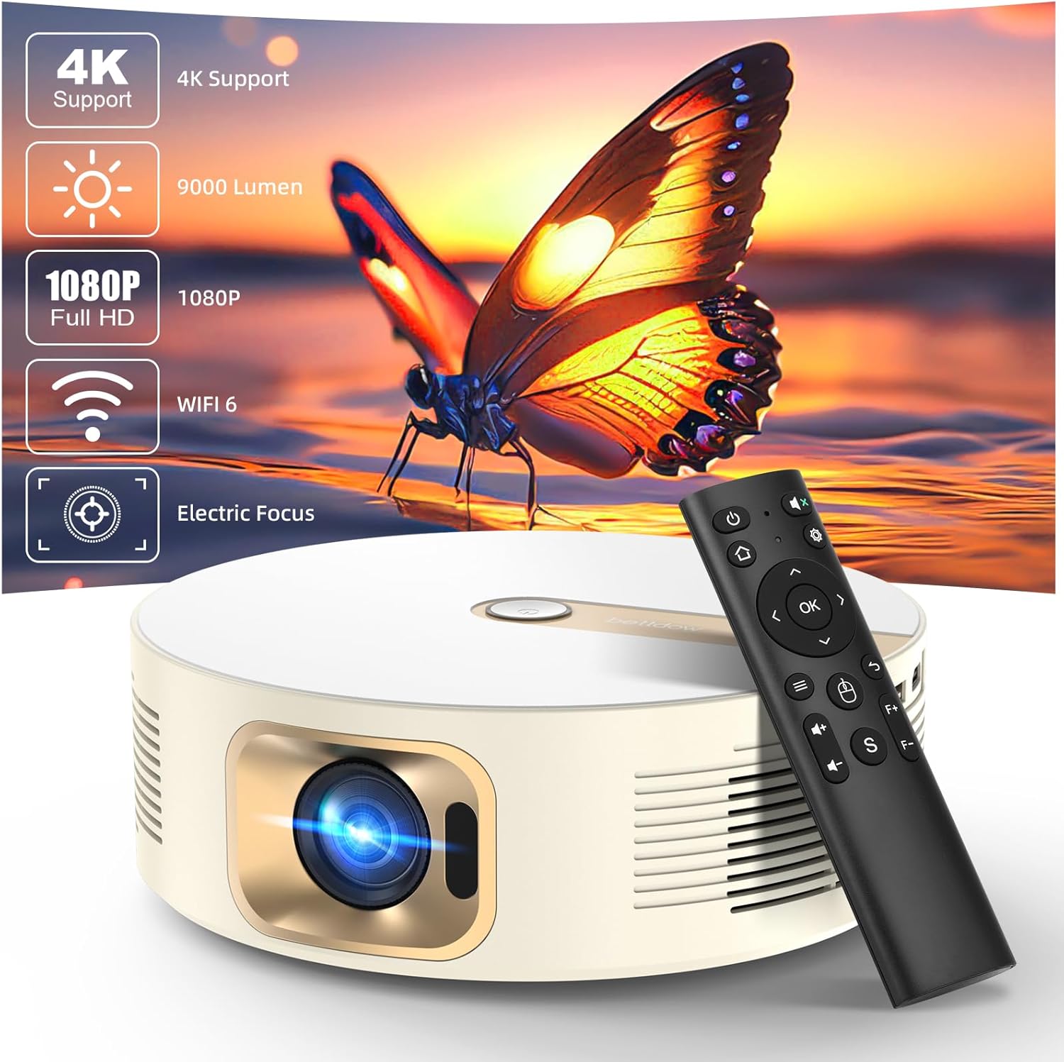 Powerful 9000 Lumen Projector - WiFi 6 & Bluetooth 5.0