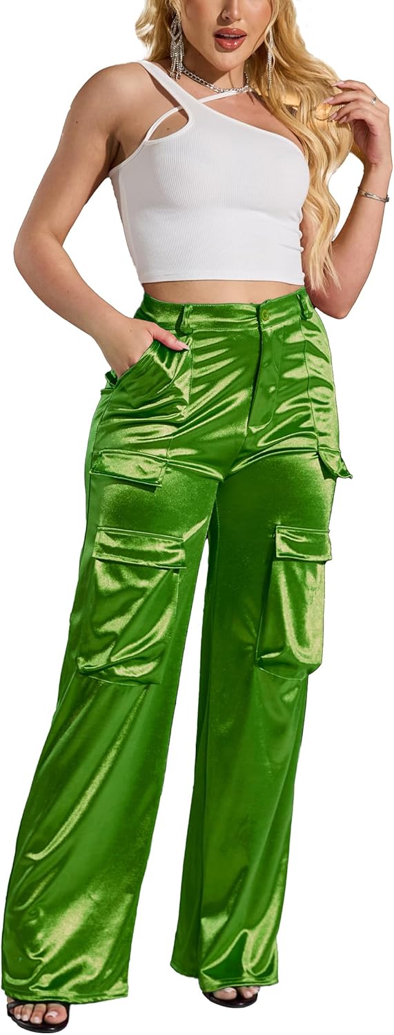 Womens High Waisted Satin Cargo Pants for Trendy Outfits