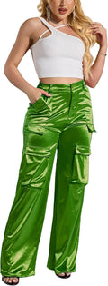 Womens High Waisted Satin Cargo Pants Loose Fit Wide Leg Trousers chic