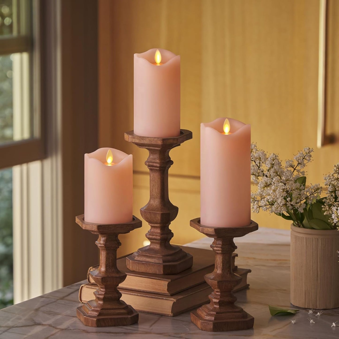 Flameless LED Battery Operated Flickering Pillar Candles Set