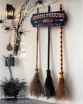 Broom Parking Sign with Wooden Witches Brooms for Halloween Decor