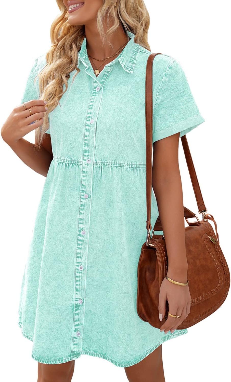 Stylish LookbookStore Women's Short Sleeve Denim Babydoll Dress