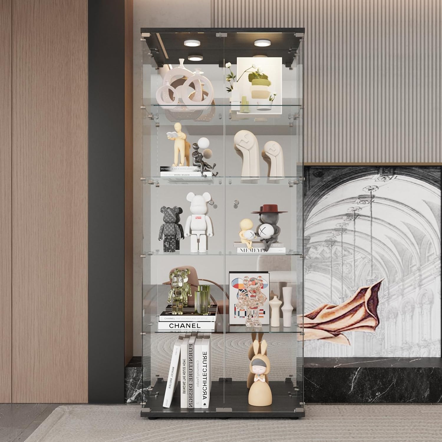 Glass Display Cabinet with LED Light and Mirror for Showcase