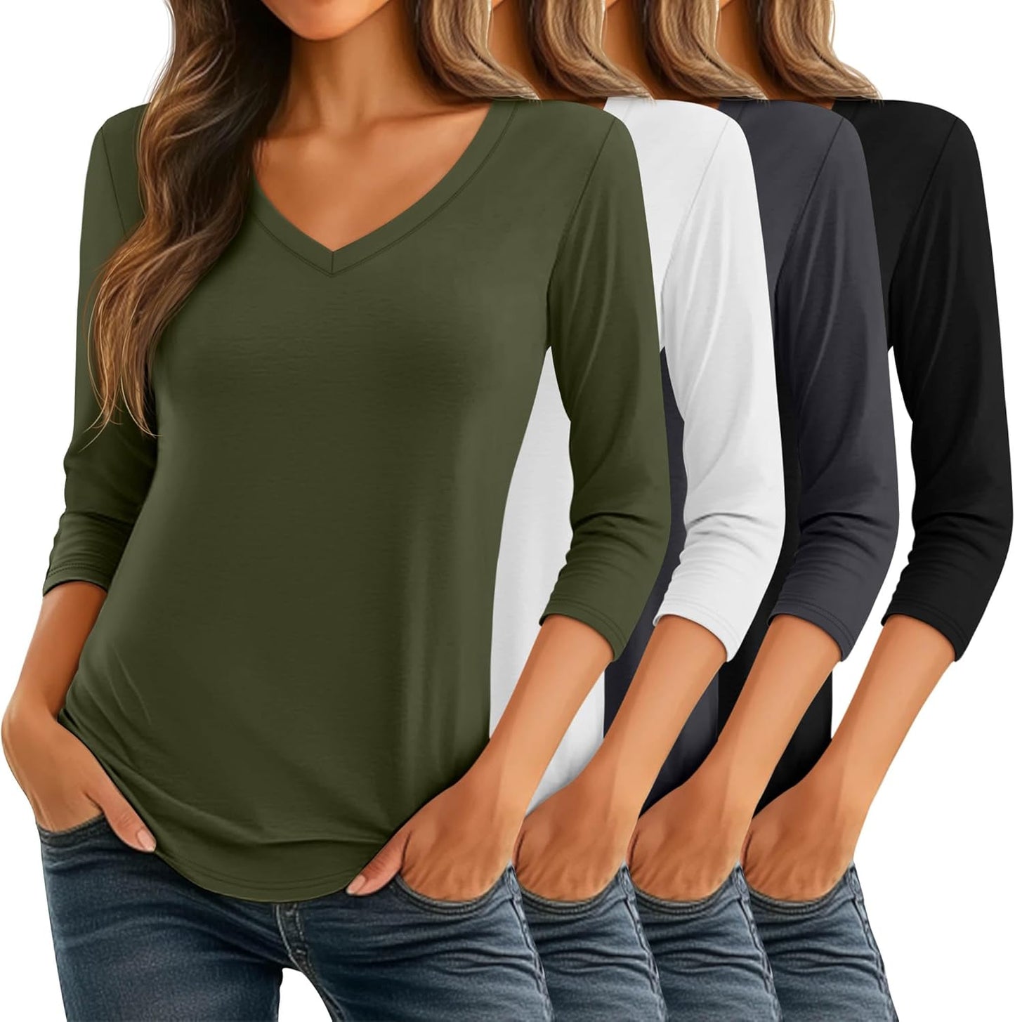 Ficerd Women's 3/4 Sleeve V Neck Casual Tunic Tops - 4 Pack