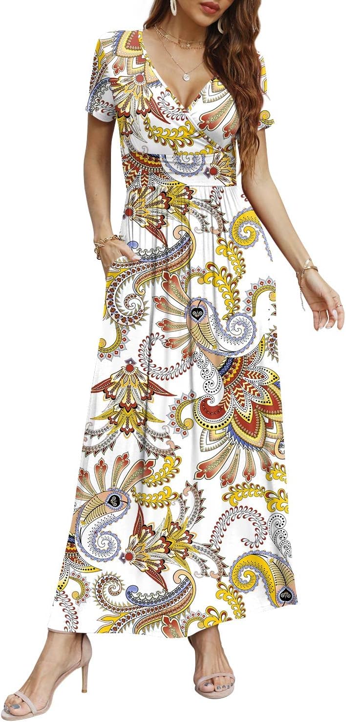 CATHY Women Short Sleeve Deep V-Neck Casual Maxi Dress