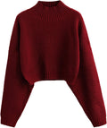 Cropped Turtleneck Sweater Lantern Sleeve Ribbed Knit (Style R7CC)