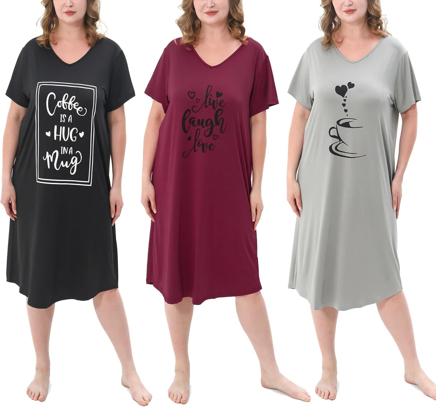 Plus Size Women's Nightgown 3 Pack Soft Print Nightshirts