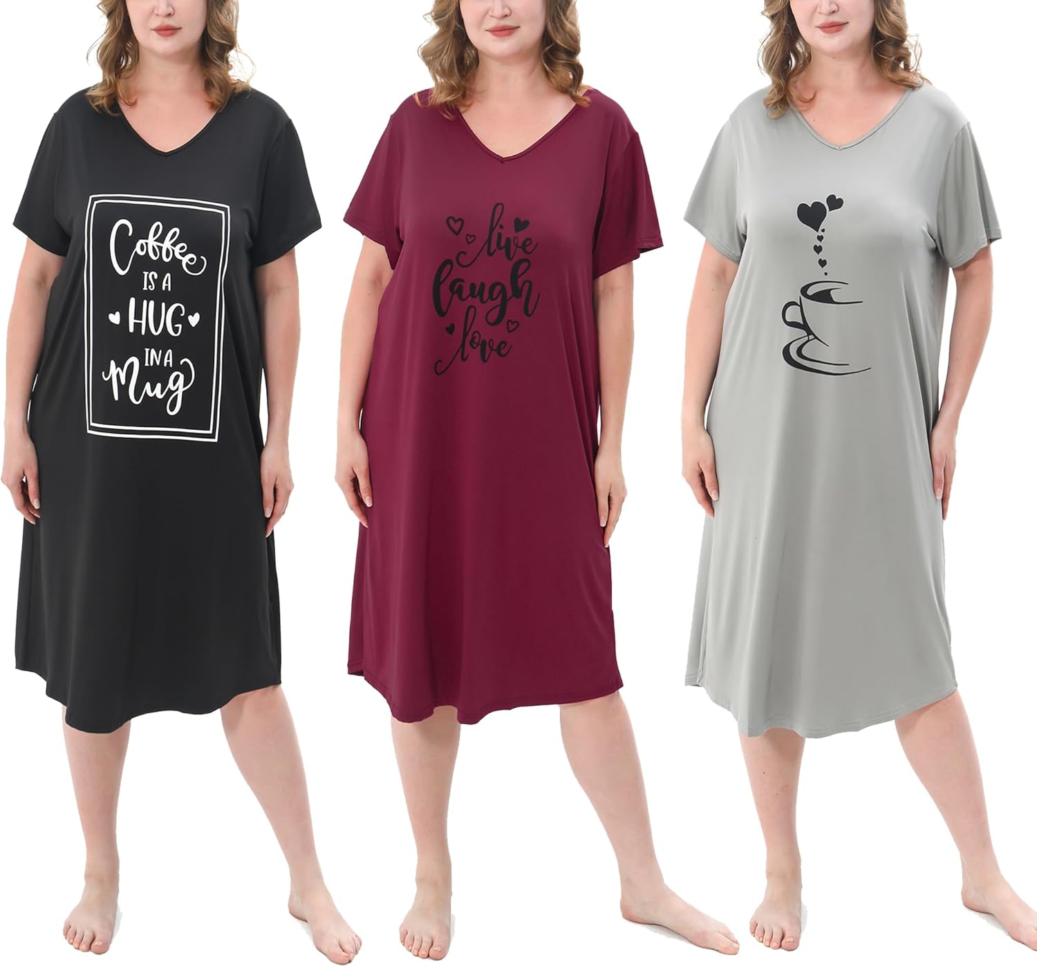 Plus Size Women's Nightgown 3 Pack Soft Print Nightshirts