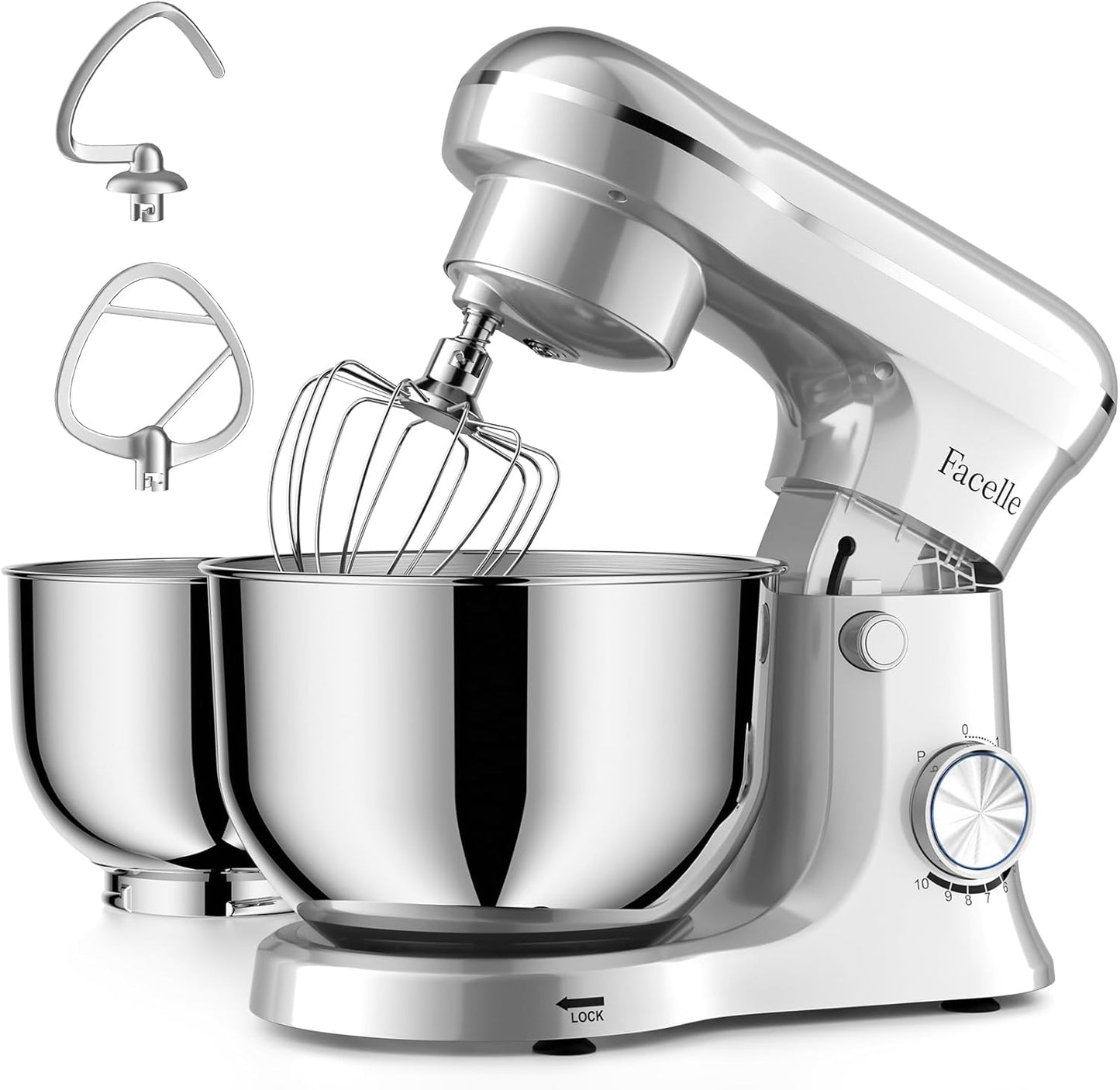 Facelle Tilt-Head Stand Mixer with Two Bowls and 10 Speeds