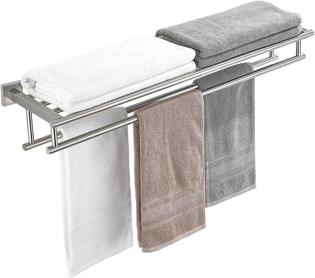 32 Inch Double Towel Rack with Shelf for Modern Bathrooms