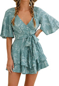 Floral V Neck Summer Romper for Women with Waist Tie Knot