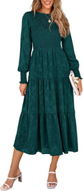 Women's Fall Spring Midi Dress Long Sleeve Floral Smocked - Elegant