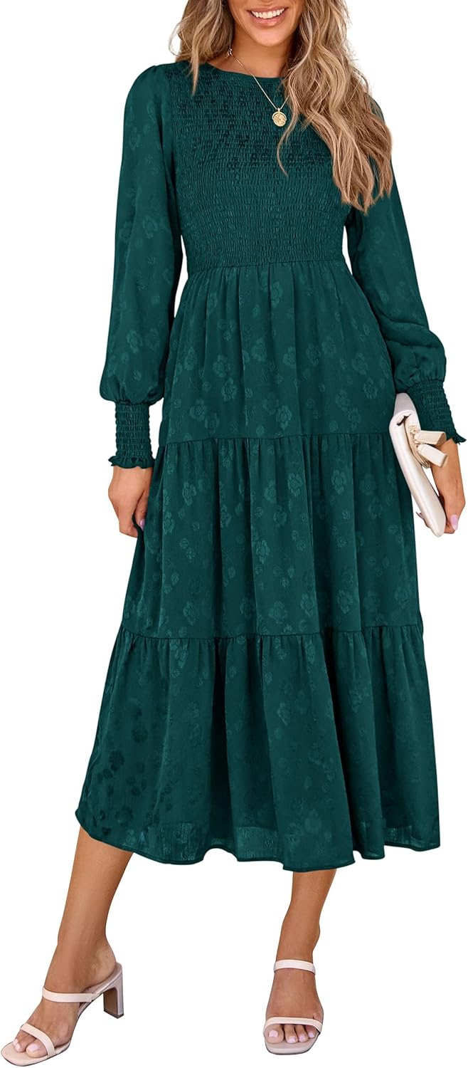 PRETTYGARDEN Women's Long Sleeve Floral Midi Dress with Pockets
