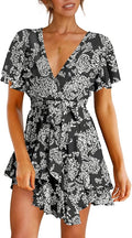 Cosonsen Women's Deep V-Neck Tie Waist Ruffle Mini Dress - Flowy