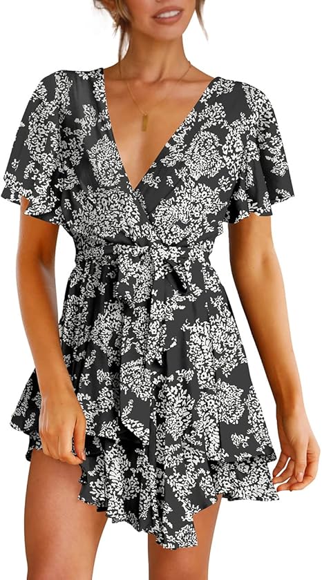 Cosonsen Women's Dress Deep V-Neck Long Sleeve Ruffle Mini