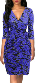 Women's Black Faux Wrap V Neck Sheath Dress - Classic Knee Length