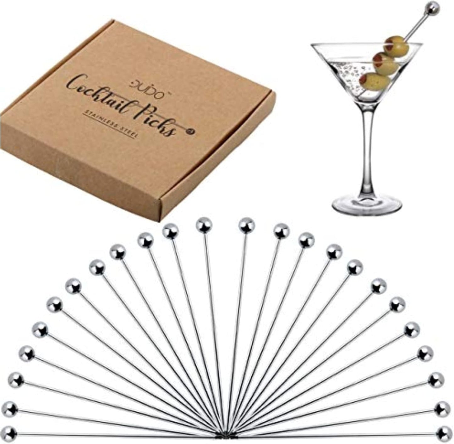 24 Pack Stainless Steel Cocktail Picks - Elegant Drink Skewers