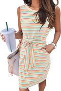 Sleeveless Striped T Shirt Dress Tie Waist - Casual Summer Women's