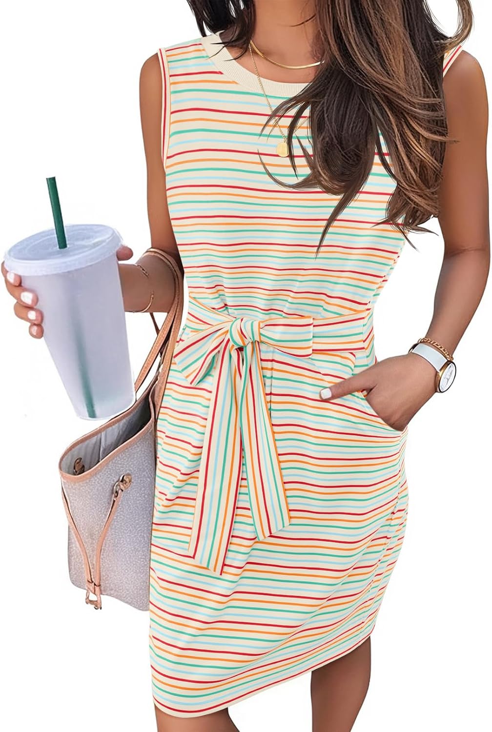 MEROKEETY Womens Summer Sleeveless Striped T Shirt Dress