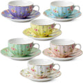 Floral Tea Cups and Saucers Set of 6 - Pastel Bloom Porcelain