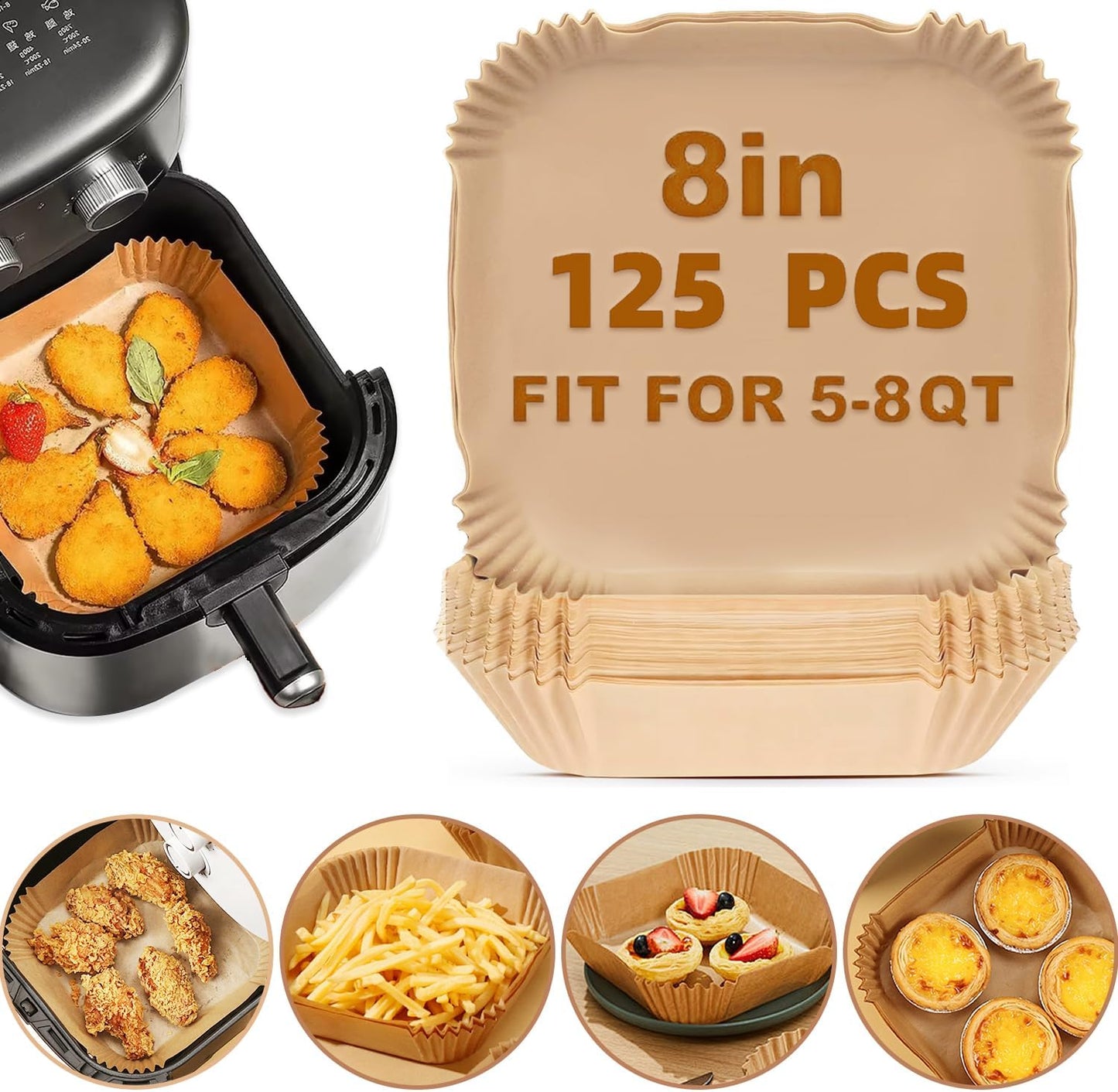 Oil-Proof 8 Square Air Fryer Liners - Disposable & Non-Stick!