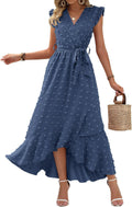 Women V Neck Summer Dress Swiss Dot Maxi - Flattering Boho Style