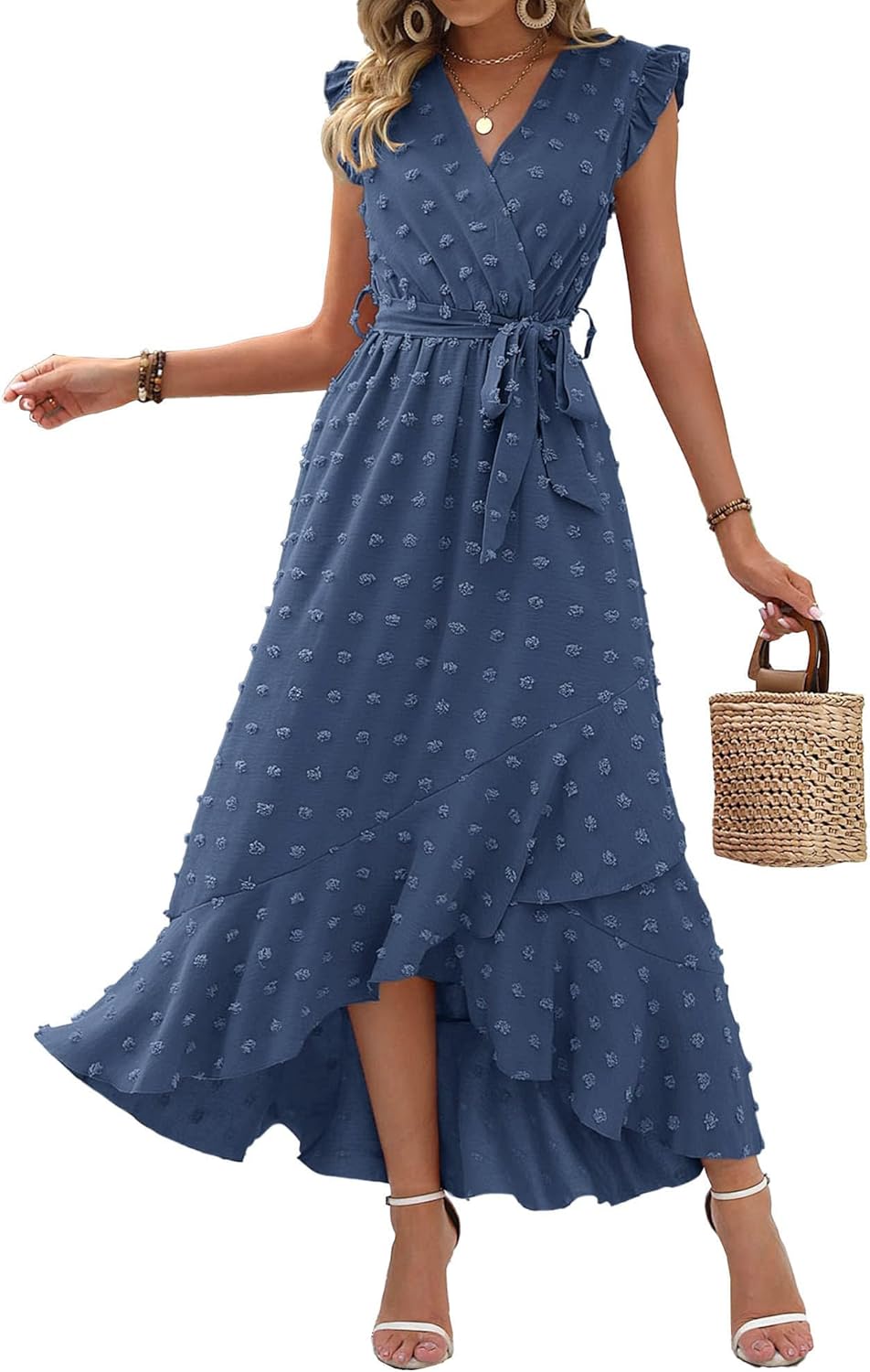 BTFBM Women V Neck Summer Dress Boho Flowy Ruffle Maxi