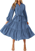 Womens Long Sleeve Midi Shirt Dress - Flowy Tiered Tie Waist