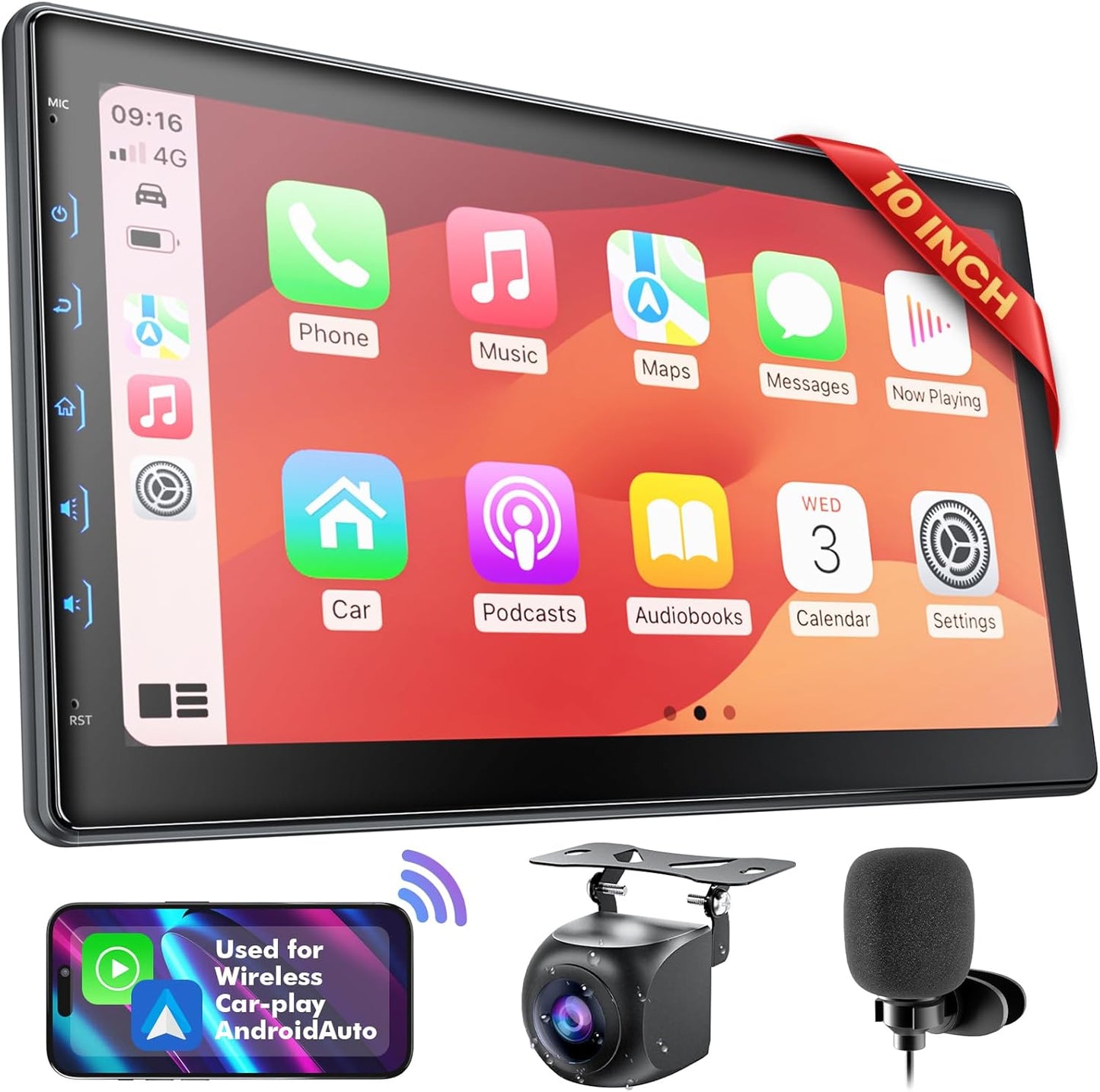 10 Inch IPS Touch Screen Double Din Car Stereo with Wireless Carplay