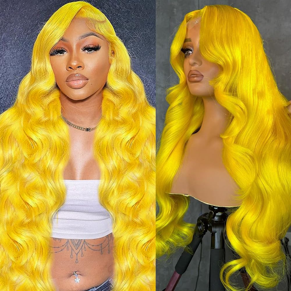 Yellow Lace Front Wig Human Hair 200% Density Body Wave Style
