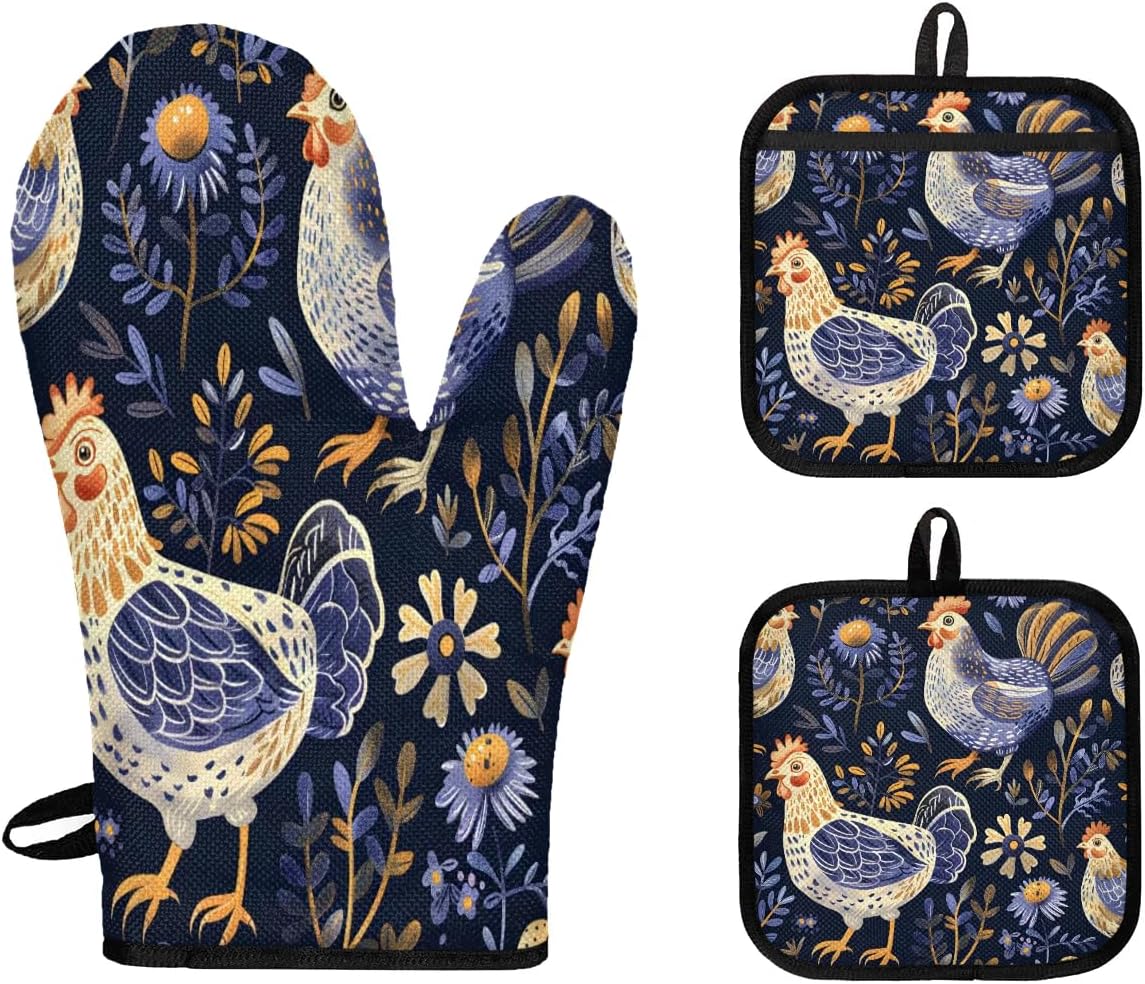 Colorful Chickens Oven Mitts Set