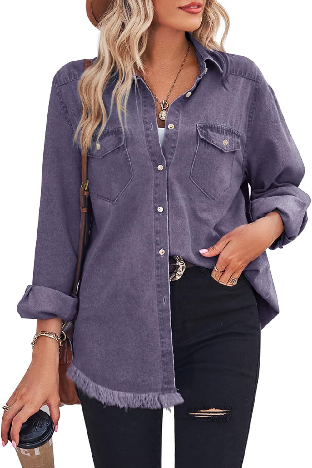 Zilcremo Women Denim Shirt - Stylish Chambray Button Down Blouse