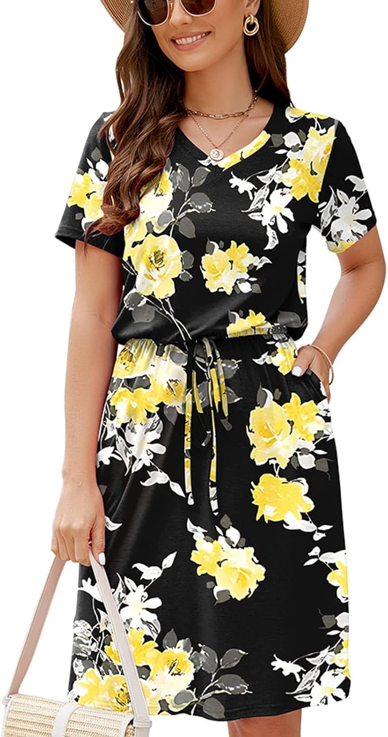 HUSKARY Women Summer Casual Midi Dresses with V Neck Design