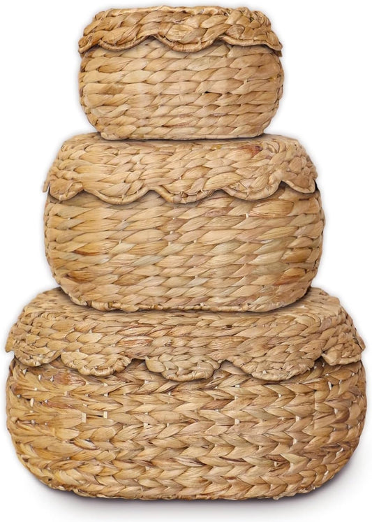 Scalloped Basket Set of 3 Woven Seagrass Storage Baskets