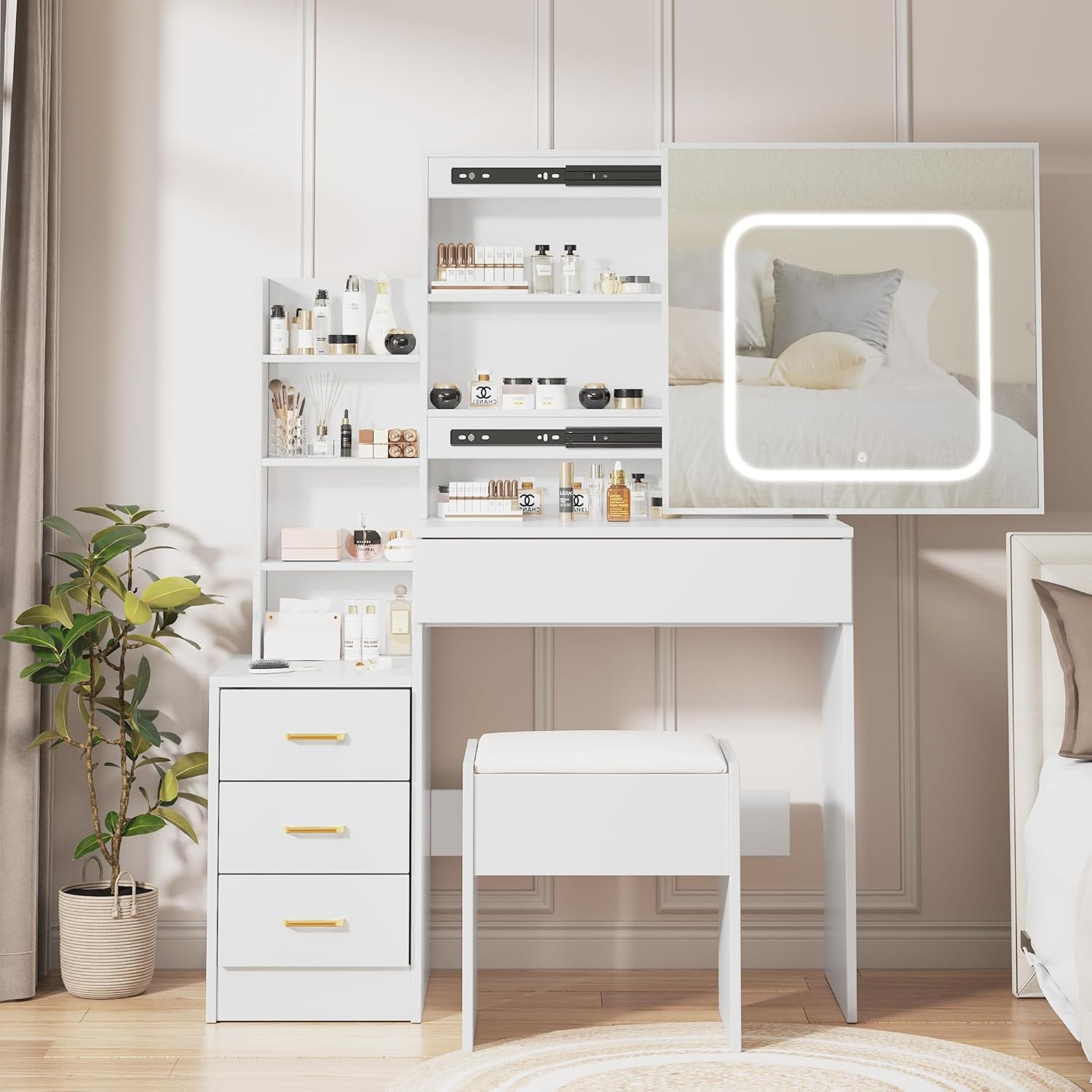 Vanity Desk with LED Mirror & Storage | Patikuin
