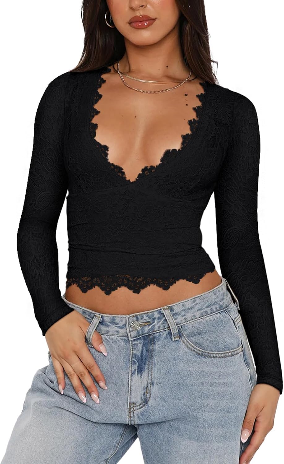 REORIA Womens Sexy V-Neck Long Sleeve Crop Top for Trendy Style