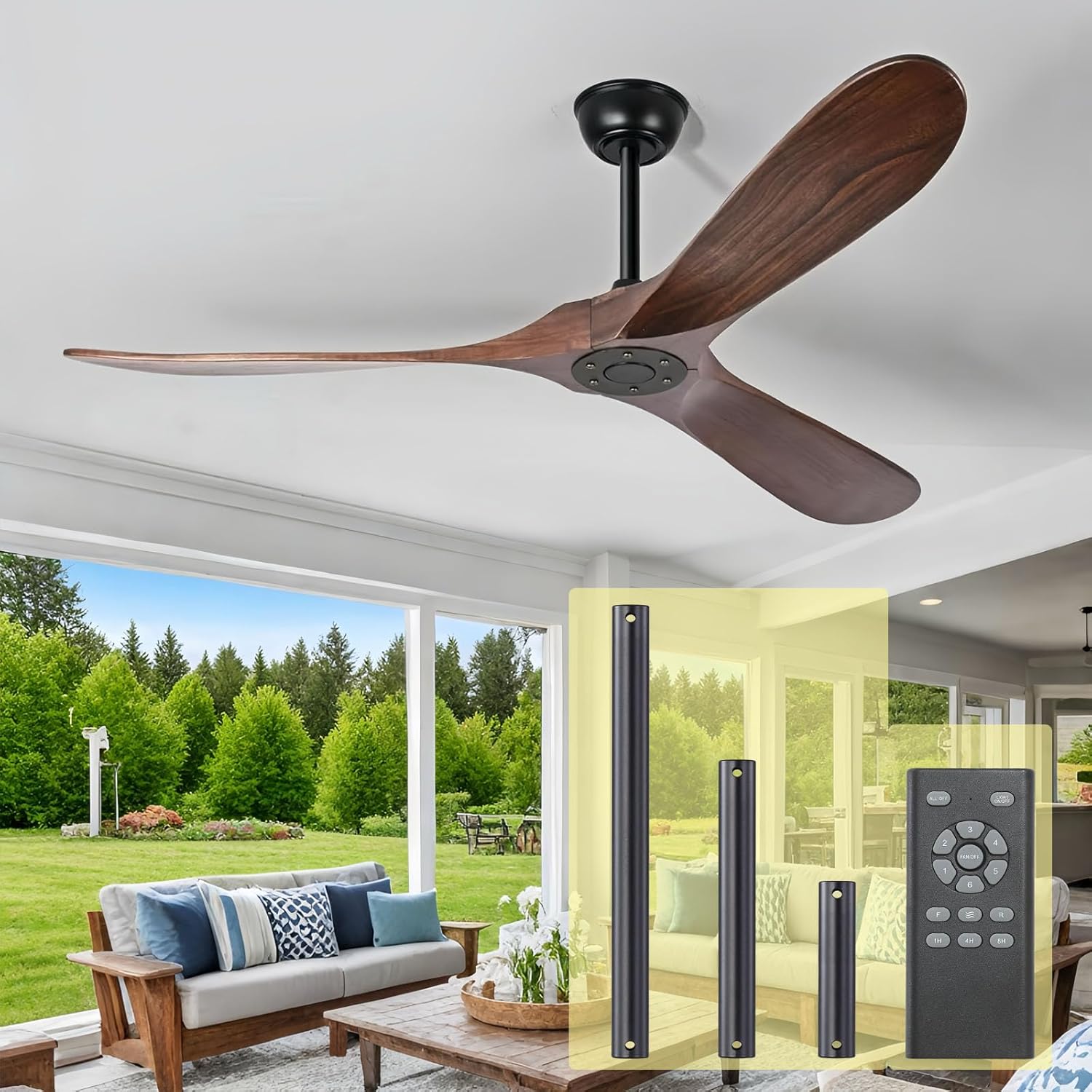 Wood 72 Inch Ceiling Fan No Light for Patios and Living Rooms