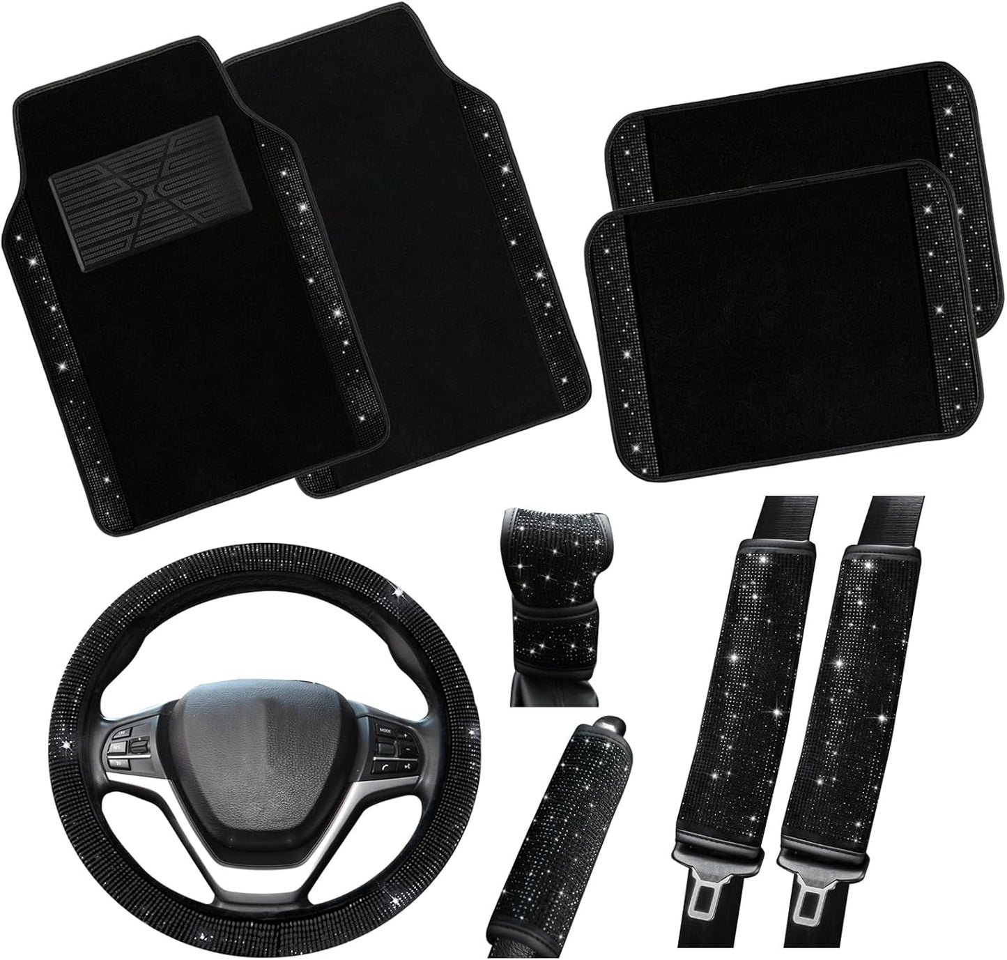 Bling Steering Wheel Cover & Diamond Floor Mats 9-Pack Set