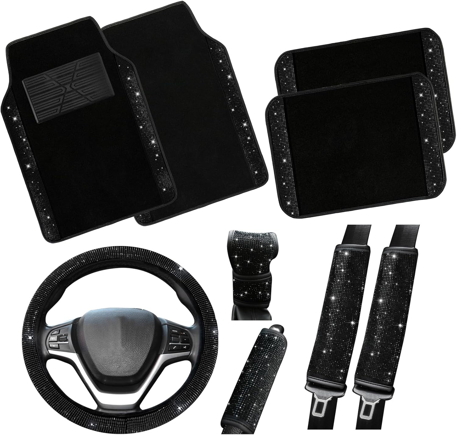 Bling Steering Wheel Cover & Diamond Floor Mats 9-Pack Set