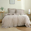 Taupe/White Plaid Ruffle Duvet Cover Set for Twin Size Beds