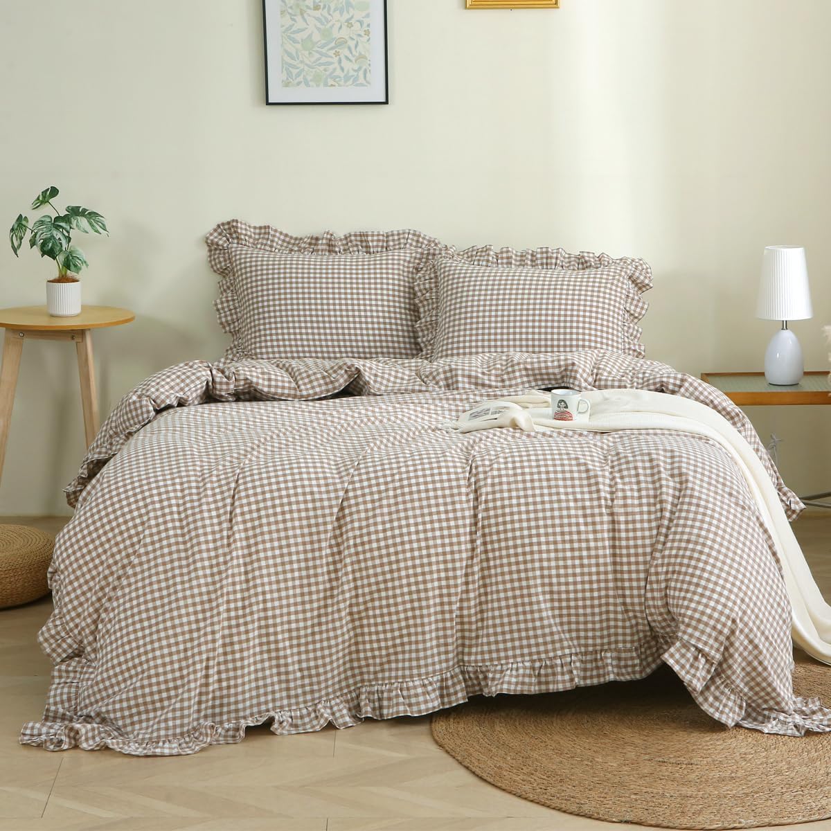 Taupe/White Plaid Ruffle Duvet Cover Set for Twin Size Beds