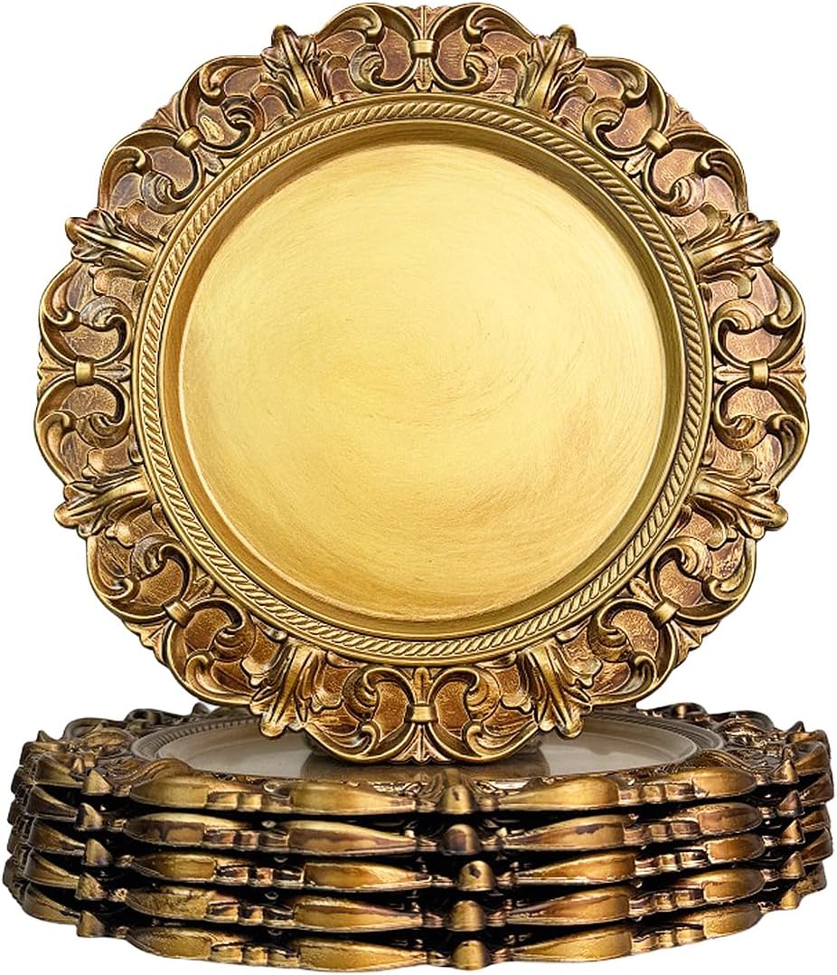 Set of 6 Antique Gold Charger Plates - Elegant Dining Essentials!