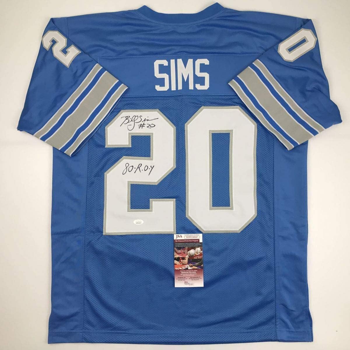 Autographed Billy Sims 80 ROY Detroit Blue Football Jersey
