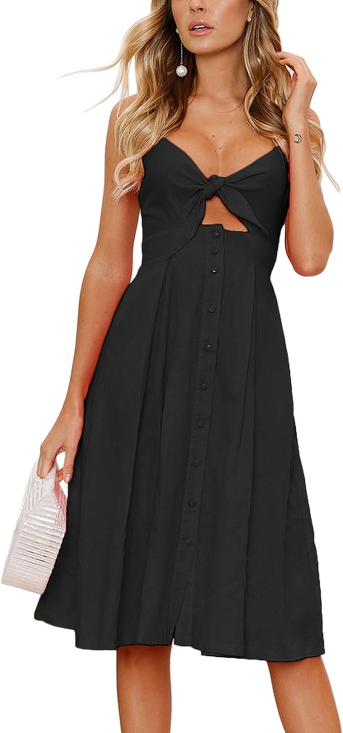 ECOWISH Women Summer Dresses Tie Front V-Neck A-Line Midi Dress