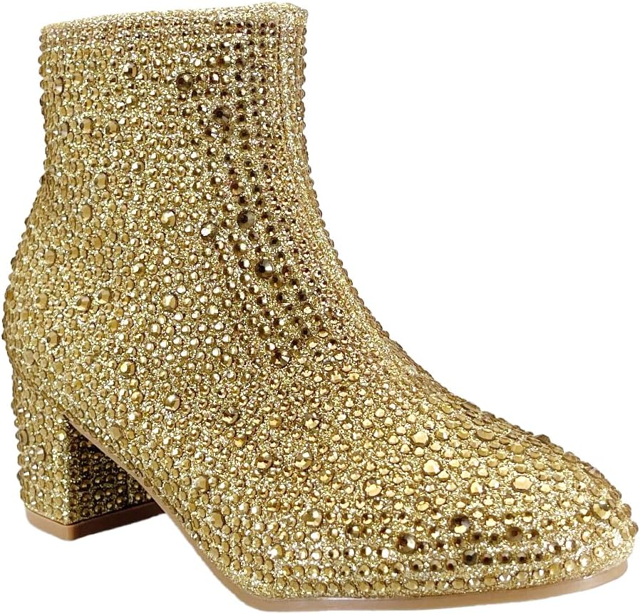 ABSOLEX Girle's Rhinestone Round Toe Block Heel Ankle Booties