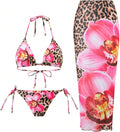 Womens Floral 3pcs Swimsuit Halter Triangle Bikini Set - Sheer Cover
